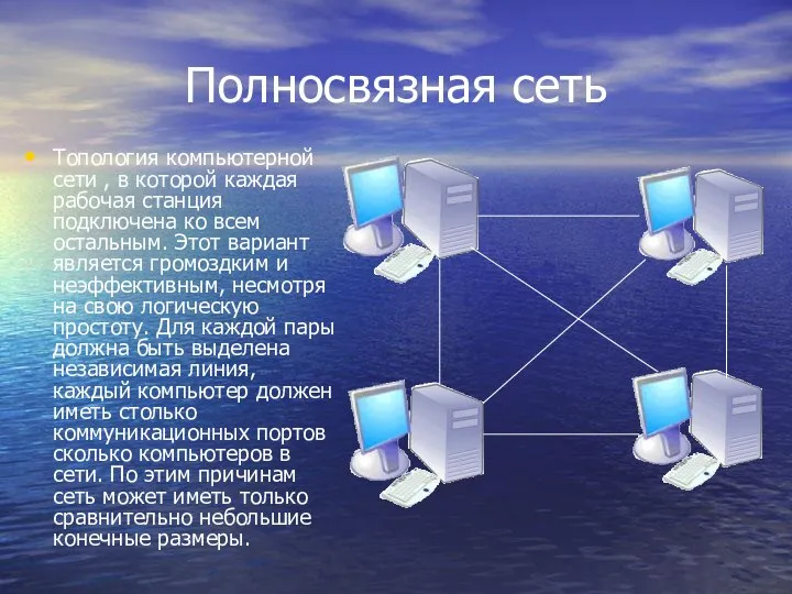 Полносвязная сеть Топология компьютерной сети , в которой каждая рабочая станция