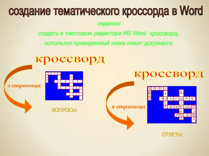 создание тематического кроссорда в Word задание: создать в текстовом редакторе MS