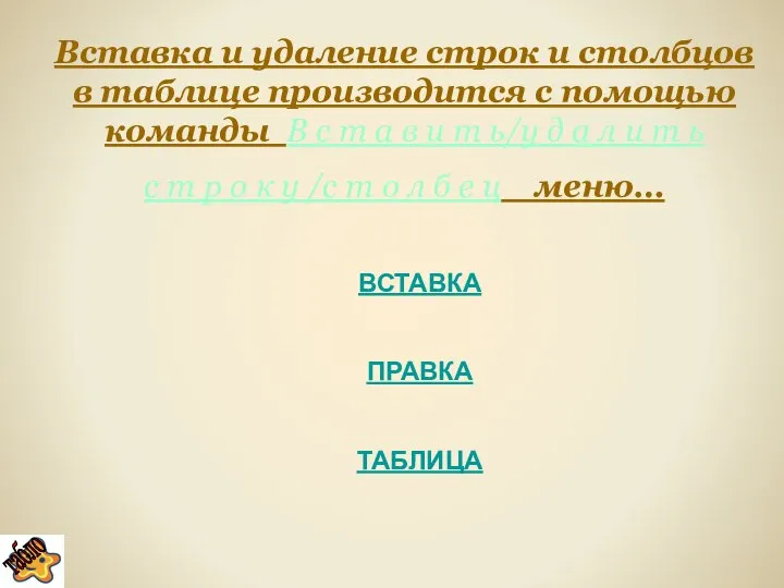 Вставка и удаление строк и столбцов в таблице производится с помощью