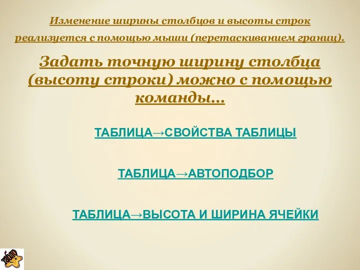 Изменение ширины столбцов и высоты строк реализуется с помощью мыши (перетаскиванием