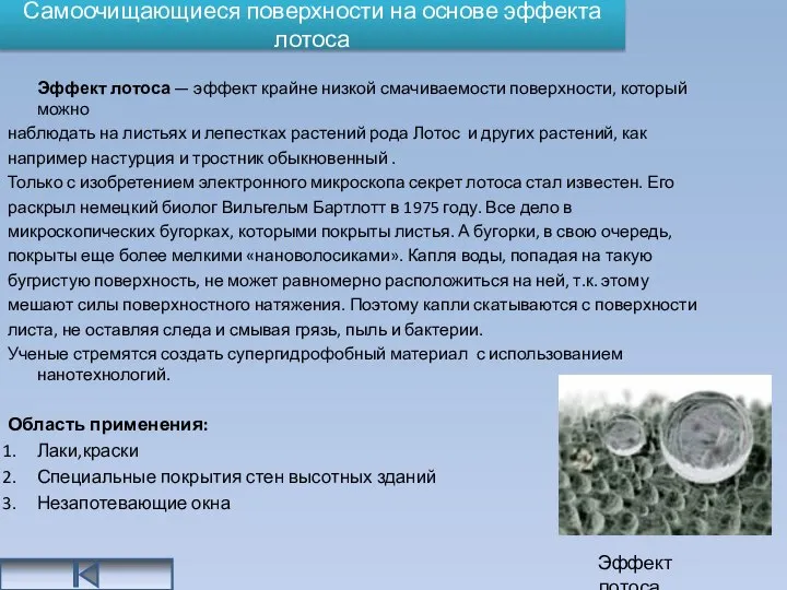 Самоочищающиеся поверхности на основе эффекта лотоса Эффект лотоса — эффект крайне