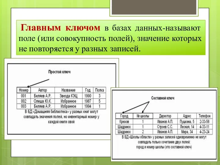 Главным ключом в базах данных-называют поле (или совокупность полей), значение которых не повторяется у разных записей.