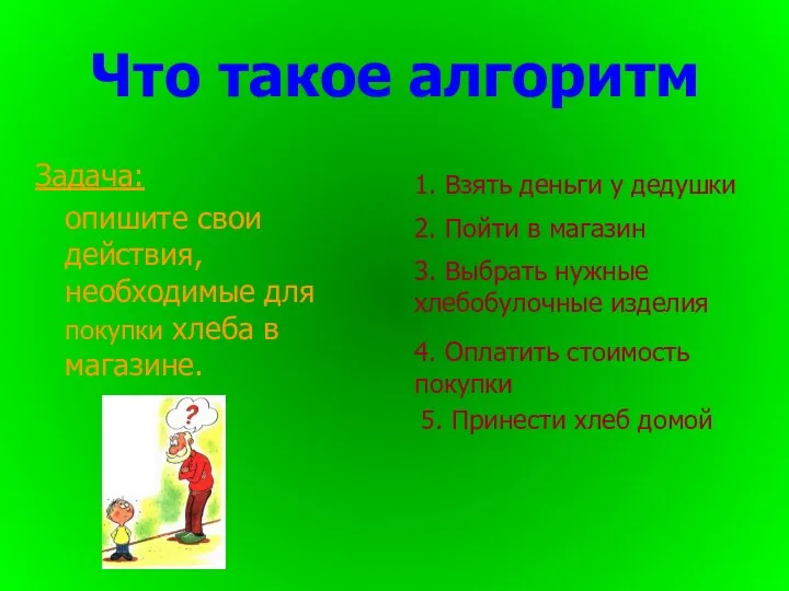 Что такое алгоритм Задача: опишите свои действия, необходимые для покупки хлеба