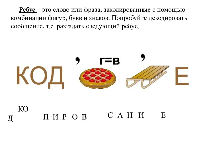 Ребус – это слово или фраза, закодированные с помощью комбинации фигур,