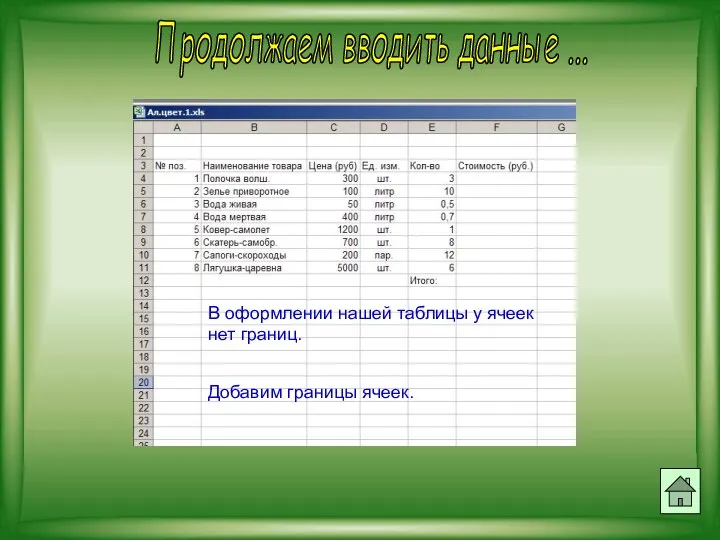 Продолжаем вводить данные ... Результат автозаполнения. Заполним таблицу до конца. В