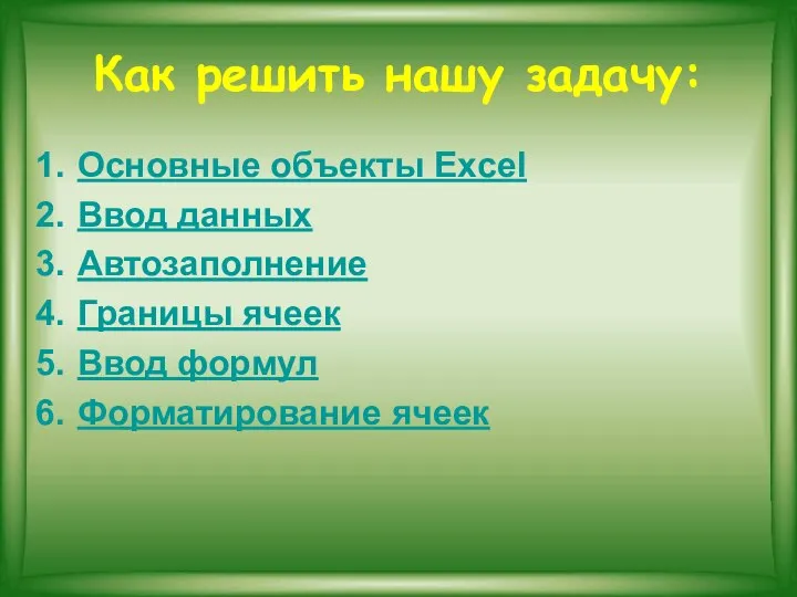 Как решить нашу задачу: Основные объекты Excel Ввод данных Автозаполнение Границы ячеек Ввод формул Форматирование ячеек