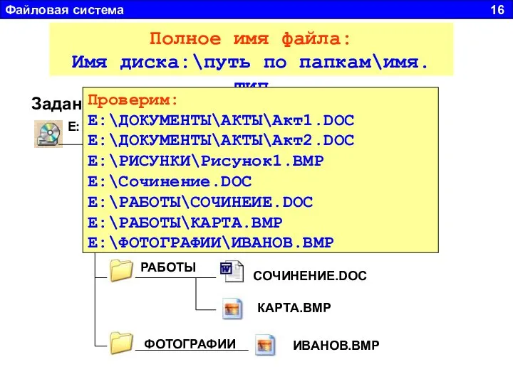 Файловая система 16 Е: ДОКУМЕНТЫ АКТЫ Акт1.DOC Акт2.DOC Рисунок1.BMP Сочинение.DOC РАБОТЫ