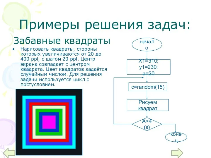 Примеры решения задач: Нарисовать квадраты, стороны которых увеличиваются от 20 до