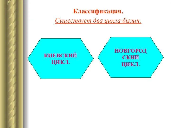 Классификация. Существует два цикла былин. КИЕВСКИЙ ЦИКЛ. НОВГОРОДСКИЙ ЦИКЛ.