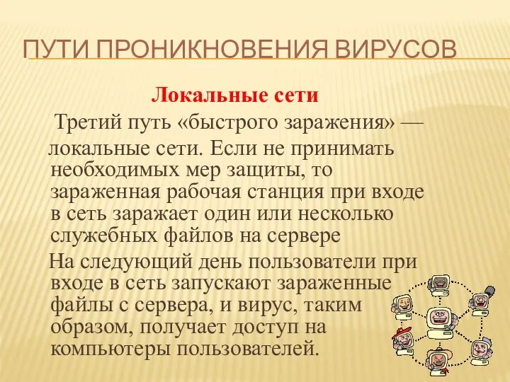 Пути проникновения вирусов Локальные сети Третий путь «быстрого заражения» — локальные