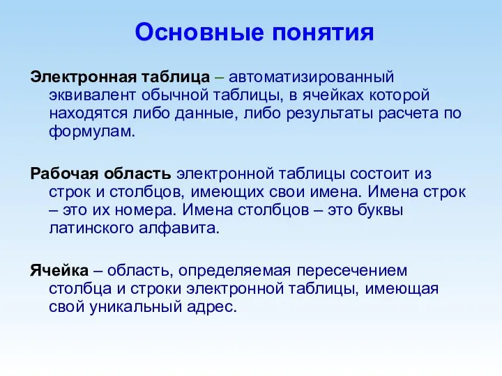 Основные понятия Электронная таблица – автоматизированный эквивалент обычной таблицы, в ячейках