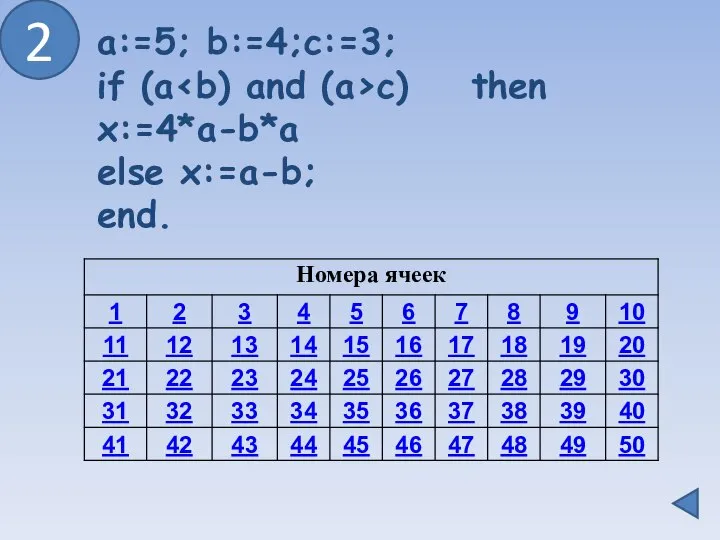 2 a:=5; b:=4;c:=3; if (a c) then x:=4*a-b*a else x:=a-b; end.