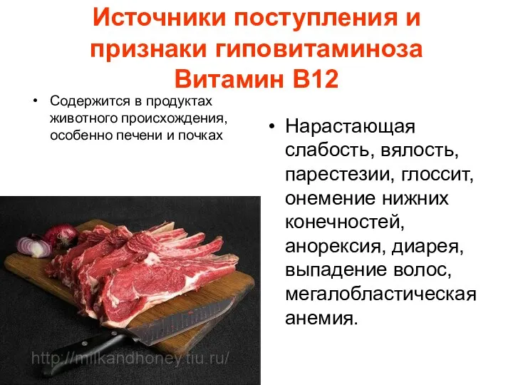 Источники поступления и признаки гиповитаминоза Витамин В12 Содержится в продуктах животного