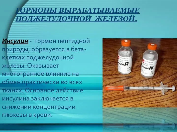 Гормоны вырабатываемые поджелудочной железой. Инсулин - гормон пептидной природы, образуется в