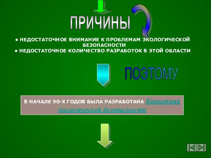 ПРИЧИНЫ НЕДОСТАТОЧНОЕ ВНИМАНИЕ К ПРОБЛЕМАМ ЭКОЛОГИЧЕСКОЙ БЕЗОПАСНОСТИ НЕДОСТАТОЧНОЕ КОЛИЧЕСТВО РАЗРАБОТОК В