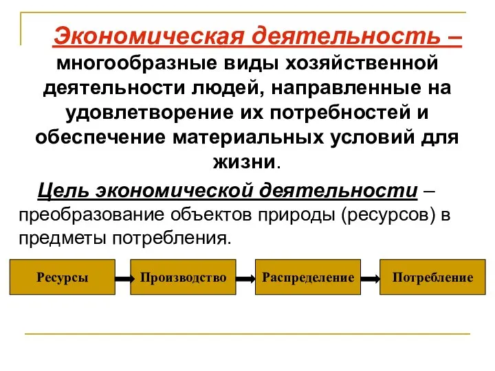 Экономическая деятельность – многообразные виды хозяйственной деятельности людей, направленные на удовлетворение