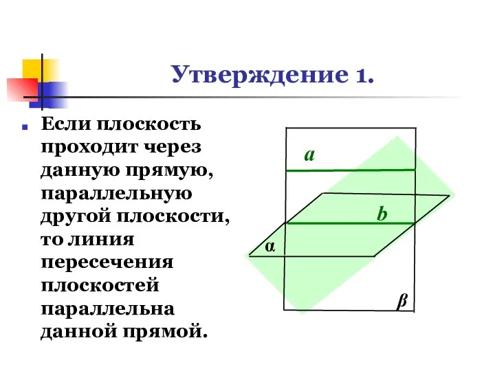 Утверждение 1. Если плоскость проходит через данную прямую, параллельную другой плоскости,