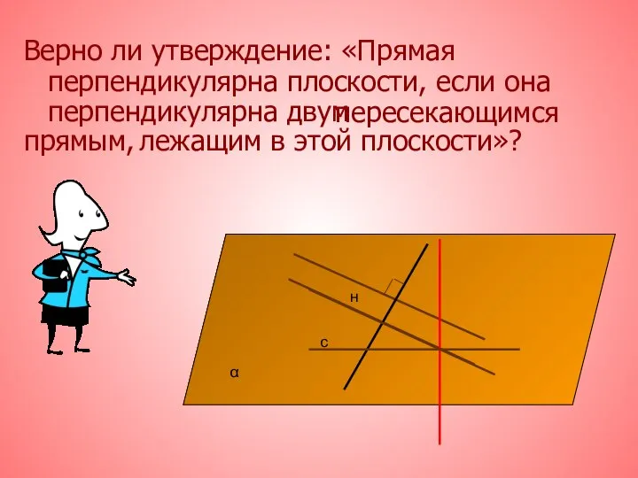 Верно ли утверждение: «Прямая перпендикулярна плоскости, если она перпендикулярна двум прямым, лежащим в этой плоскости»? пересекающимся