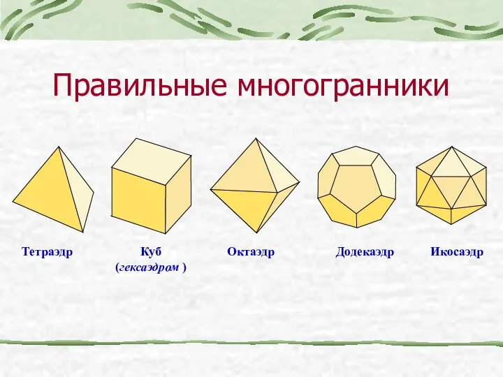 Правильные многогранники Тетраэдр Куб (гексаэдром ) Октаэдр Додекаэдр Икосаэдр