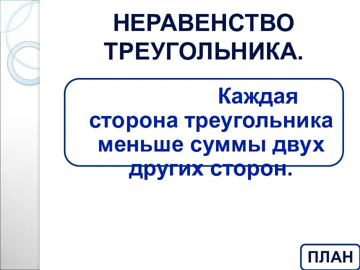 НЕРАВЕНСТВО ТРЕУГОЛЬНИКА. Теорема. Каждая сторона треугольника меньше суммы двух других сторон. ПЛАН