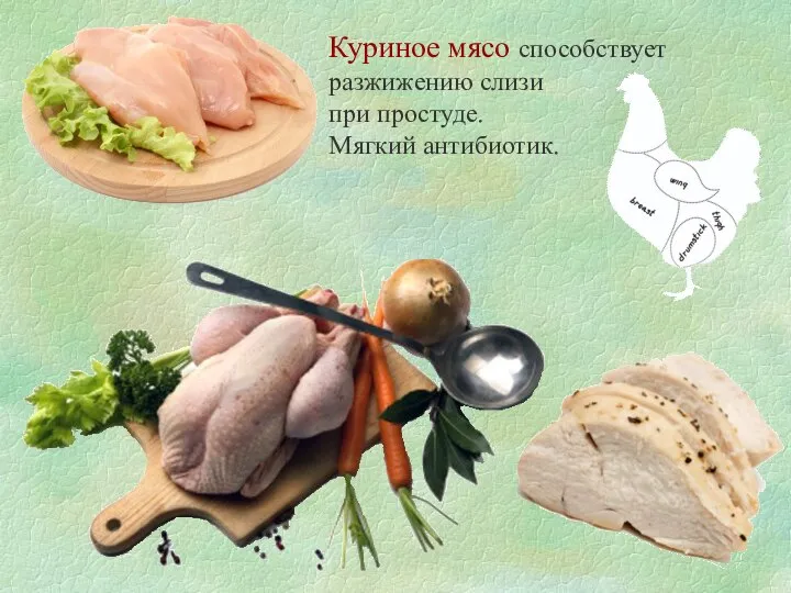 Куриное мясо способствует разжижению слизи при простуде. Мягкий антибиотик.