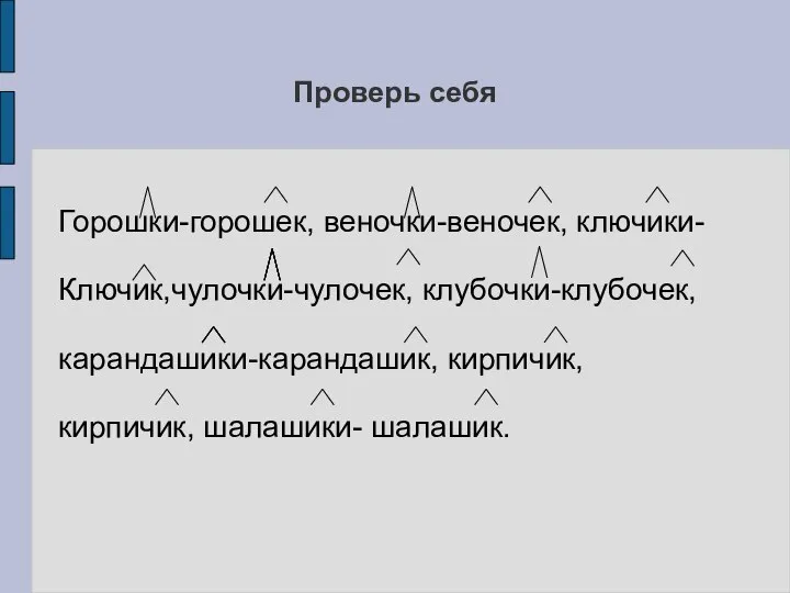 Проверь себя Горошки-горошек, веночки-веночек, ключики- Ключик,чулочки-чулочек, клубочки-клубочек, карандашики-карандашик, кирпичик, кирпичик, шалашики- шалашик.