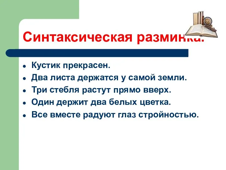 Синтаксическая разминка. Кустик прекрасен. Два листа держатся у самой земли. Три