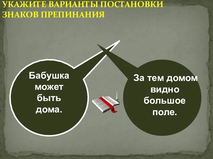 УКАЖИТЕ ВАРИАНТЫ ПОСТАНОВКИ ЗНАКОВ ПРЕПИНАНИЯ Бабушка может быть дома. За тем домом видно большое поле.