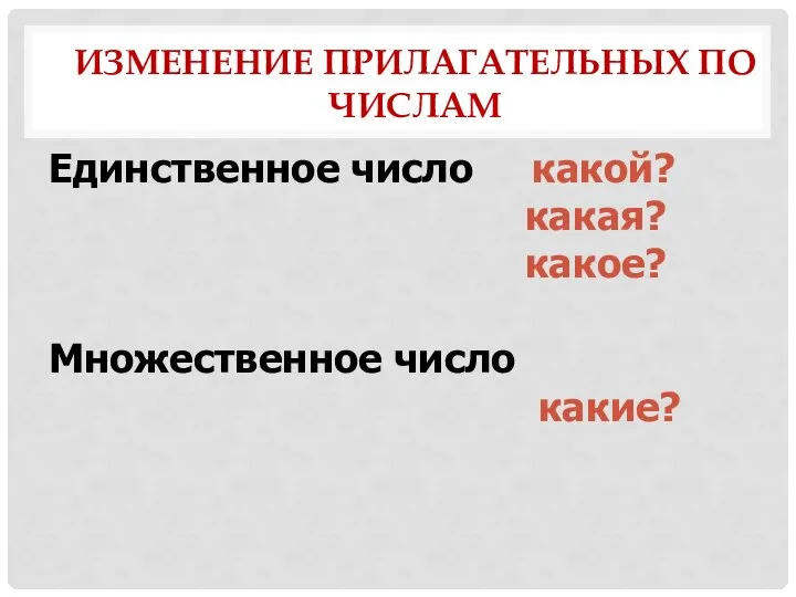 Изменение прилагательных по числам Единственное число какой? какая? какое? Множественное число какие?