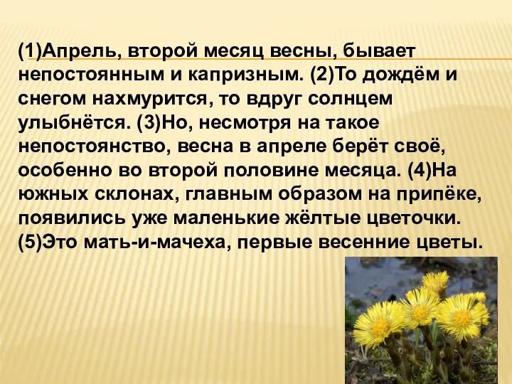 (1)Апрель, второй месяц весны, бывает непостоянным и капризным. (2)То дождём и