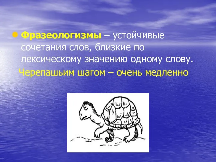 Фразеологизмы – устойчивые сочетания слов, близкие по лексическому значению одному слову. Черепашьим шагом – очень медленно