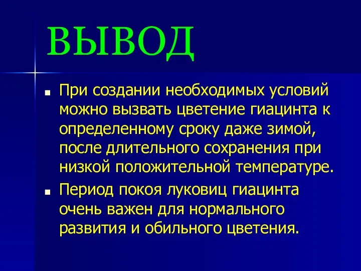 ВЫВОД При создании необходимых условий можно вызвать цветение гиацинта к определенному