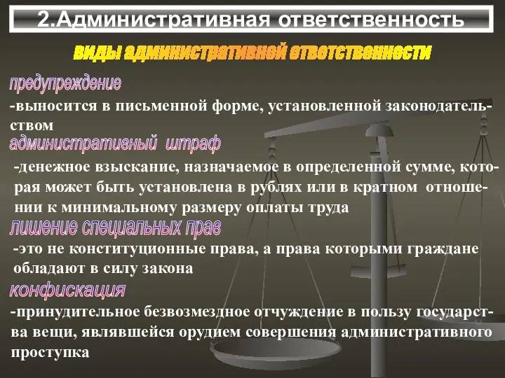 2.Административная ответственность виды административной ответственности предупреждение -выносится в письменной форме, установленной