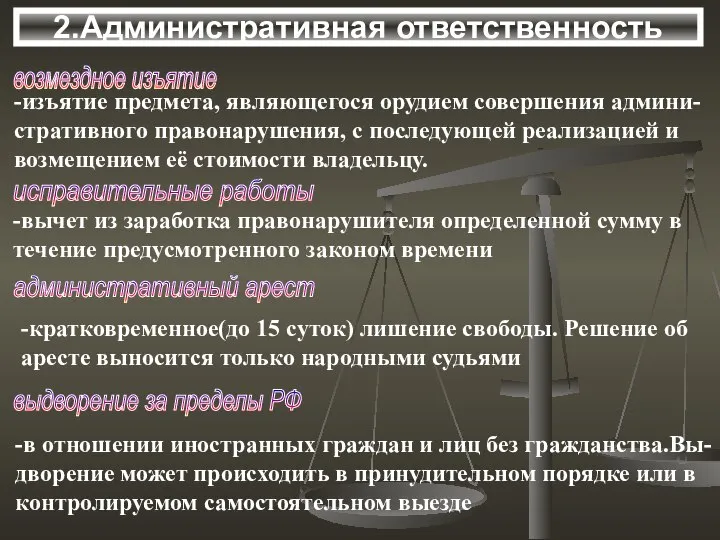 2.Административная ответственность возмездное изъятие -изъятие предмета, являющегося орудием совершения админи- стративного