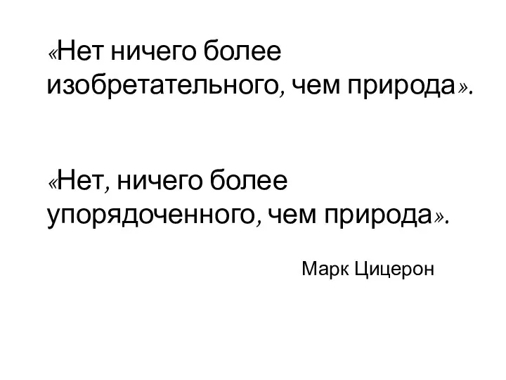 «Нет ничего более изобретательного, чем природа». «Нет, ничего более упорядоченного, чем природа». Марк Цицерон