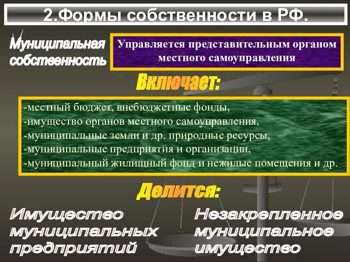 2.Формы собственности в РФ. Муниципальная собственность Управляется представительным органом местного самоуправления