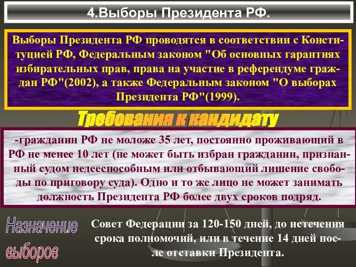 4.Выборы Президента РФ. Выборы Президента РФ проводятся в соответствии с Консти-