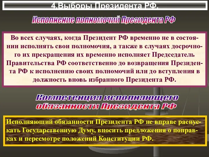 4.Выборы Президента РФ. Во всех случаях, когда Президент РФ временно не