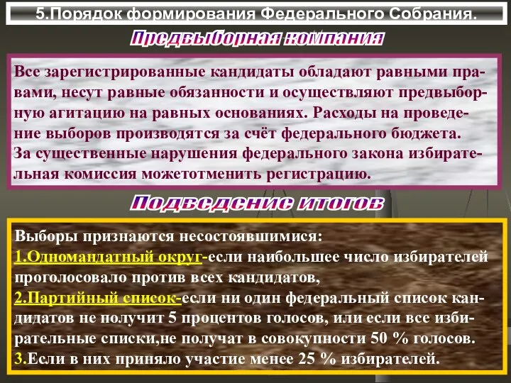 5.Порядок формирования Федерального Собрания. Предвыборная компания Все зарегистрированные кандидаты обладают равными