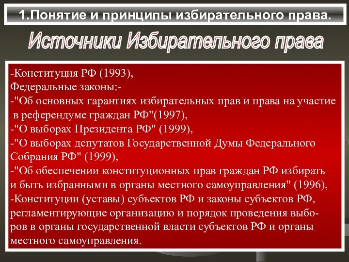 1.Понятие и принципы избирательного права. -Конституция РФ (1993), Федеральные законы:- -"Об