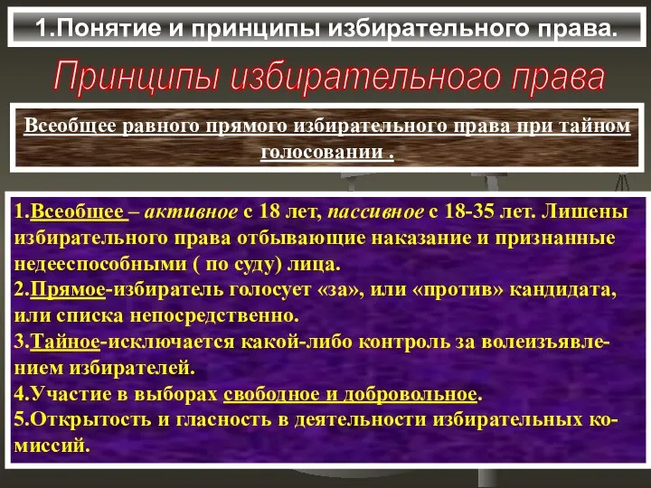 1.Понятие и принципы избирательного права. Всеобщее равного прямого избирательного права при