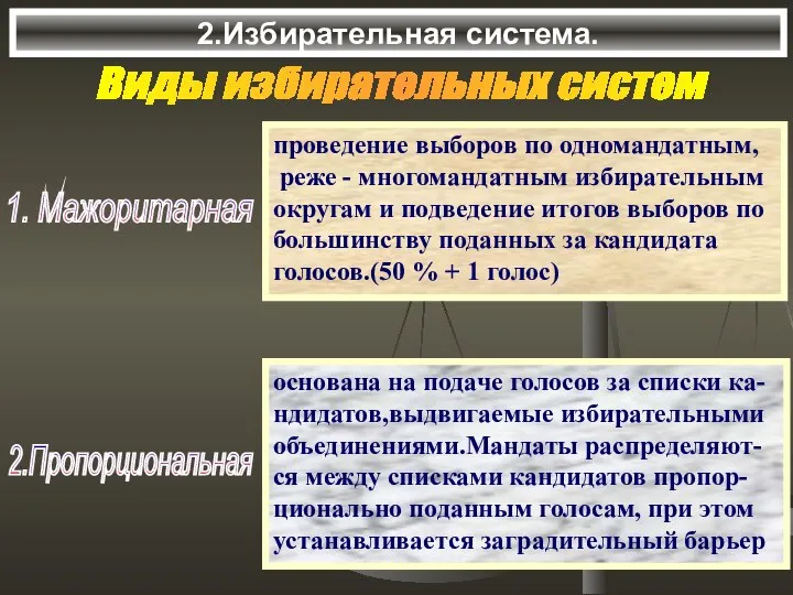 2.Избирательная система. Виды избирательных систем 1. Мажоритарная проведение выборов по одномандатным,