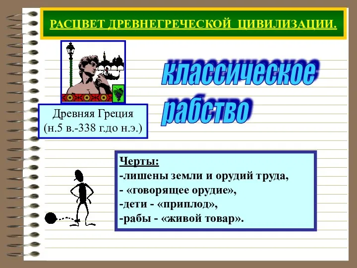 РАСЦВЕТ ДРЕВНЕГРЕЧЕСКОЙ ЦИВИЛИЗАЦИИ. Черты: -лишены земли и орудий труда, - «говорящее