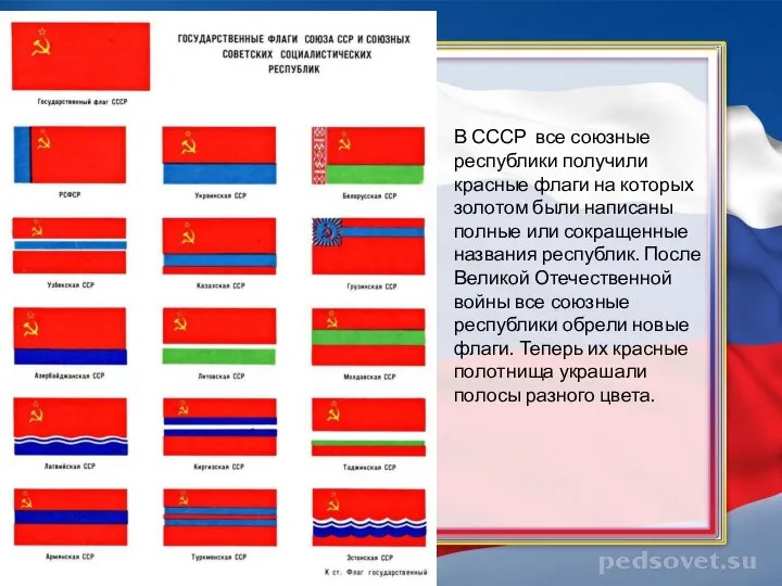 В СССР все союзные республики получили красные флаги на которых золотом