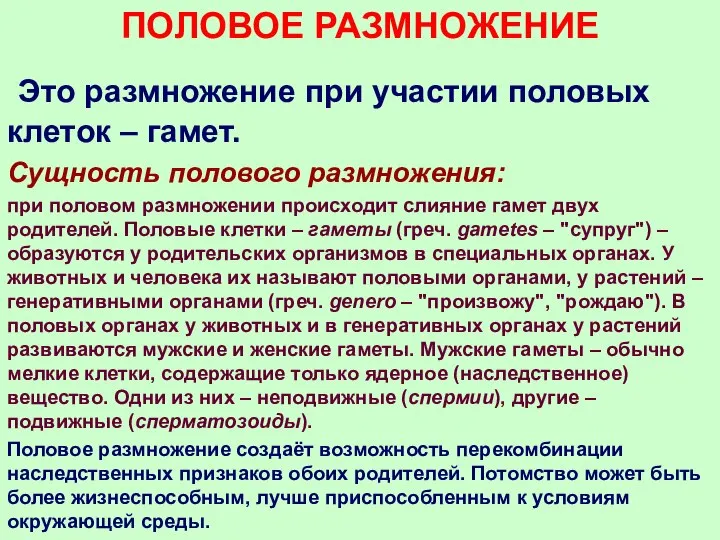 Это размножение при участии половых клеток – гамет. Сущность полового размножения: