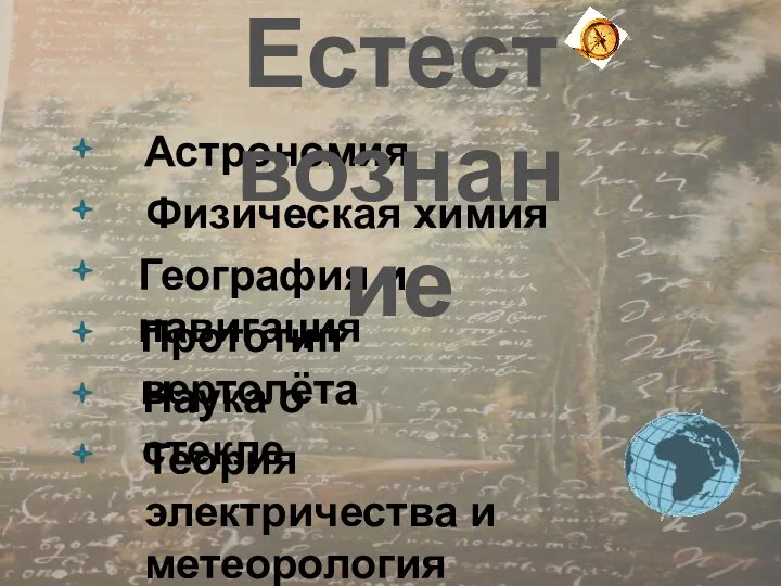 Наука о стекле Физическая химия География и навигация Астрономия Теория электричества и метеорология Прототип вертолёта Естествознание