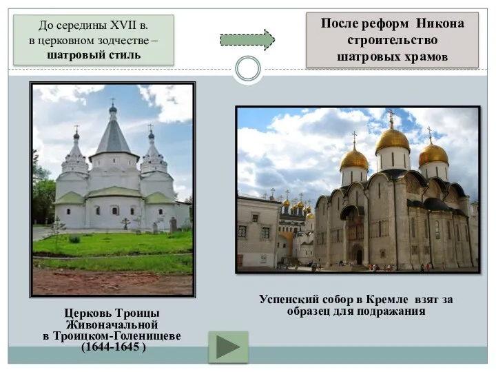 До середины XVII в. в церковном зодчестве – шатровый стиль После