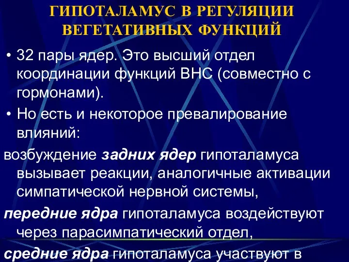 ГИПОТАЛАМУС В РЕГУЛЯЦИИ ВЕГЕТАТИВНЫХ ФУНКЦИЙ 32 пары ядер. Это высший отдел