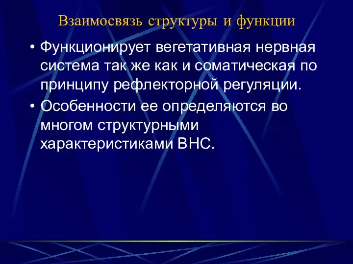 Взаимосвязь структуры и функции Функционирует вегетативная нервная система так же как