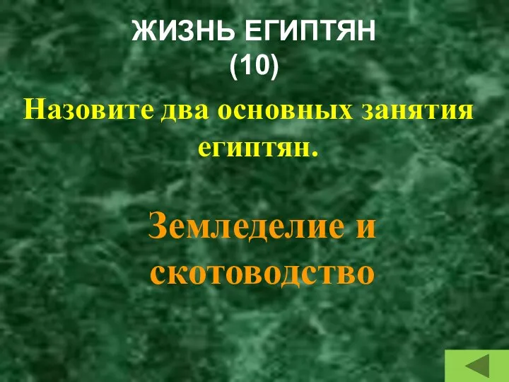 ЖИЗНЬ ЕГИПТЯН (10) Назовите два основных занятия египтян. Земледелие и скотоводство